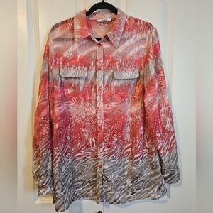 TANJAY Womens Blouse Semi Sheer Red & Tan Button-Up Shirt SZ M